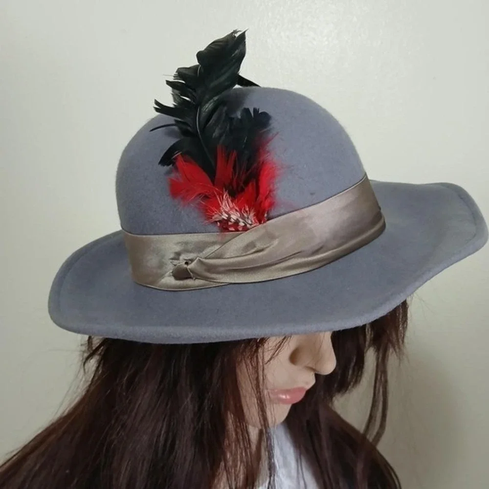 Vintage 70s/80s blue gray wool felt wide brimmed hat with silk & feather accents